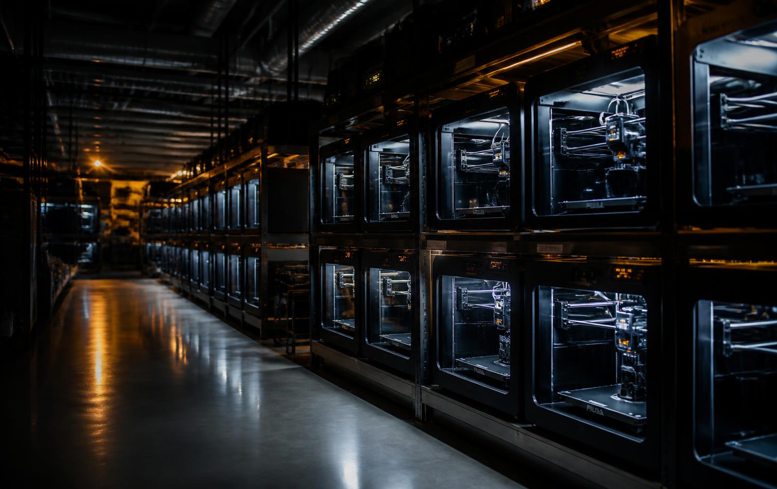 Rows of industrial 3D printers running on the BOC Automation print farm floor
